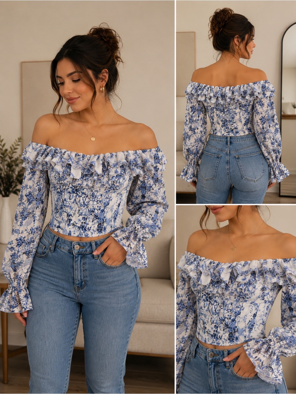 PrettyLittleThing White & Blue Ruffle Off-Shoulder Blouse - Picture 7 of 7